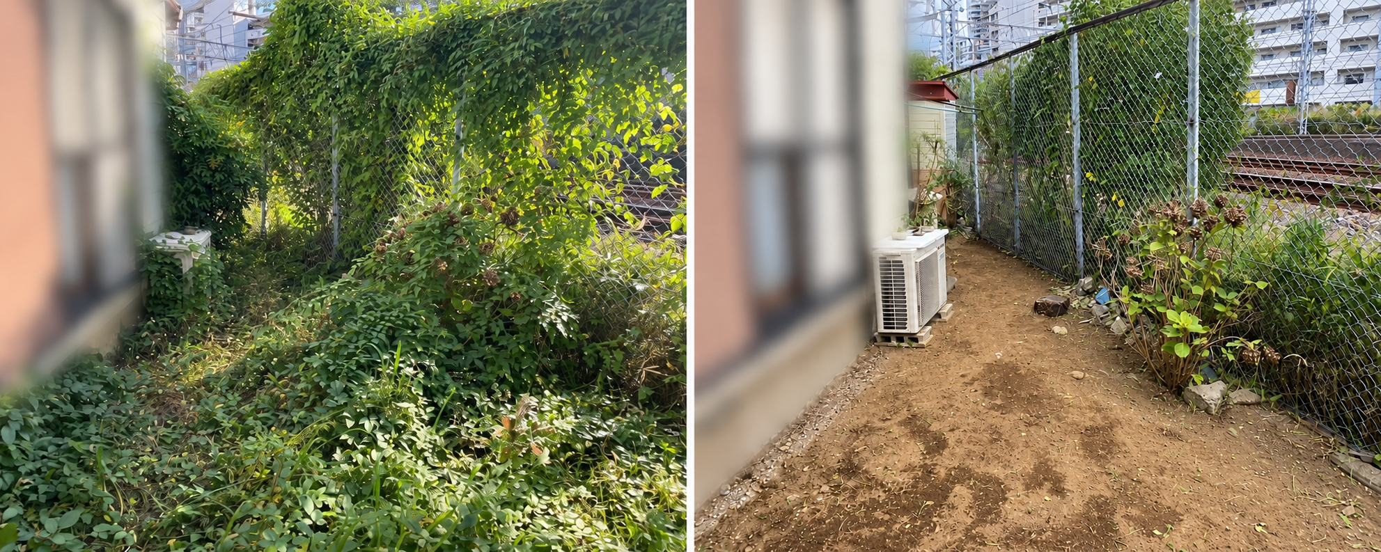 草刈り除草のお手入れ。左は草木が茂った施工前、右は草や枝を整理した施工後
